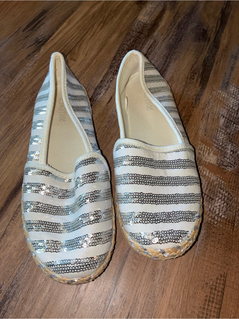 Justice White and Silver Striped Sequin Espadrilles
